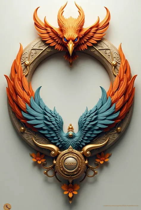 A hoop on the top of the hoop, a phoenix head, on the sides of the hoop, phoenix wings, and below the hoop, a badge with the word Mandy