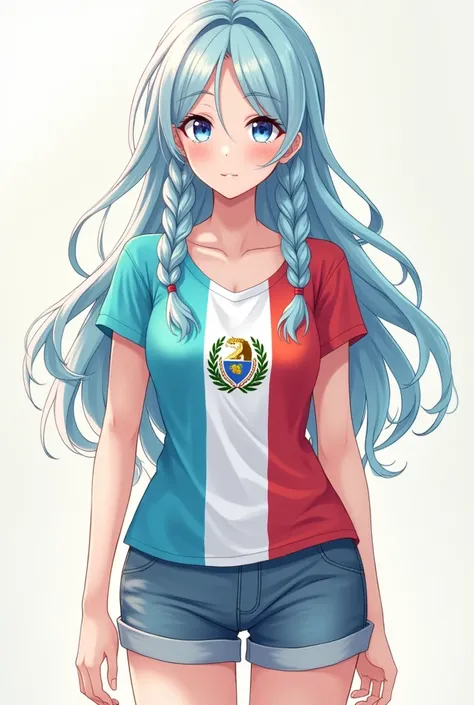 Older girl with long hair and two light blue braids, white skin, with shorts and a Guatemalan flag t-shirt, anime style
