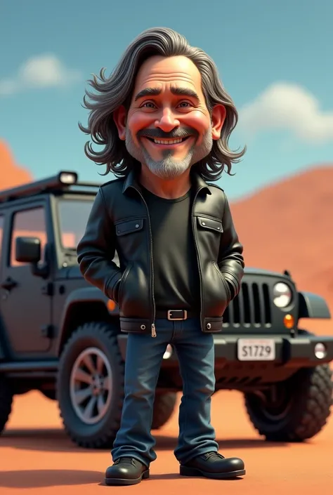 Realistic 3D caricature, full body, a man, 50 years old, long hair,has a mustache, wearing a black leather jacket, jeans, black shoes, standing, next to him is a jeep, gradient background, Disney Pixar 