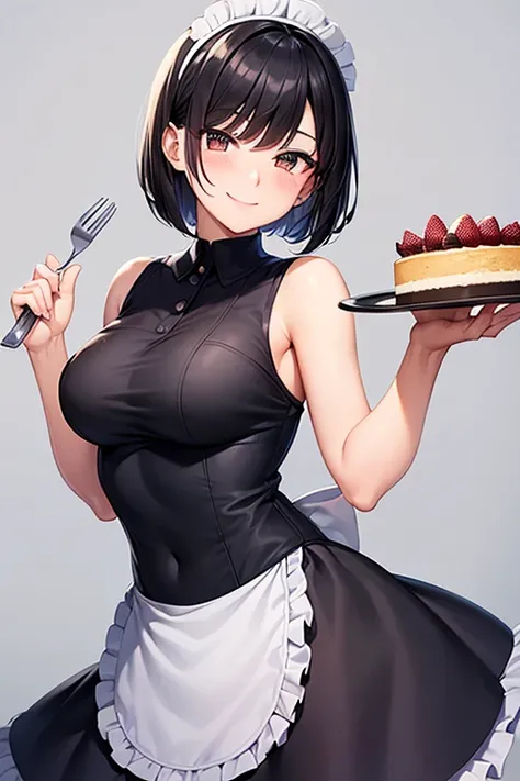 Black Hair, Sideburns,Short Bob, Straight Hair, Daytime, Brown eyes, Bright Eyes, smile, One girl, Blushing and smiling,Navy blue maid outfit,Stab the cake with a fork and present it to him