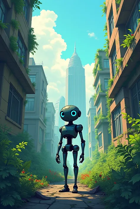 A devastated city with wild vegetation and a robot with blue eyes in the middle with a Cartoon style