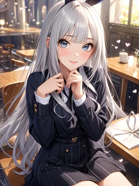 masterpiece,Best Quality,High resolution,Very detailed,Arbourne,Silver Hair, eyelash,blue eyes,[Silver Hair, Long Hair, Bunny Curl, Wink, Heart Particles