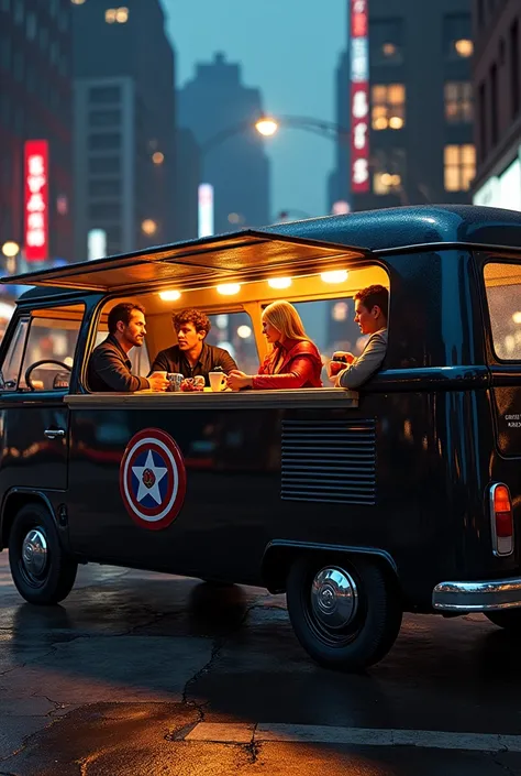 The Avengers in a black kombi food truck drinking coffee 