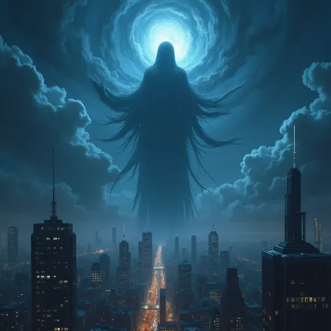 an ethereal entity in the nightsky enslaves the modern city masses