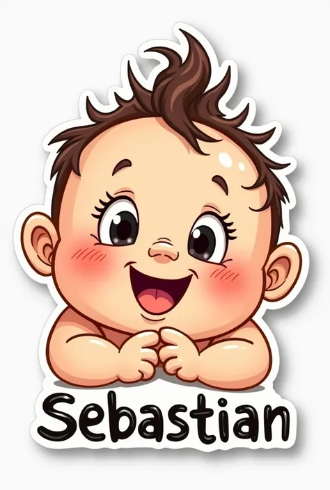 BABY STICKER WITH BROKEN HAIR, BIG EYES AND A HAPPY ROUND FACE, with the name "sebastian"