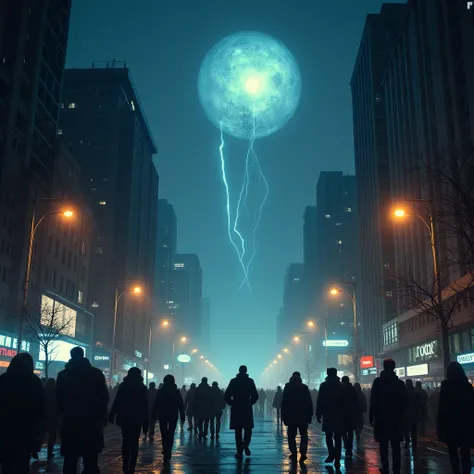 an ethereal entity in the nightsky enslaves the modern city people that walk in mass on the street like hypnotized