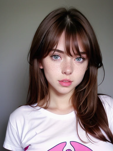 ( girl), Russian, (brown hair), blue eyes, transparent white skin, freckles on the cheeks, (full lips), round nose, thin face. realistic, long legs,She is wearing a fuchsia t-shirt, photo sexy, Back photo, (big breasts: 1.5)