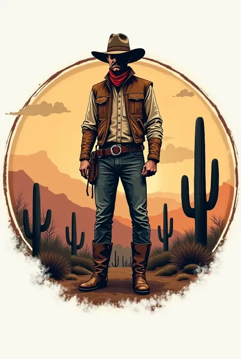 Make a cowboy themed circular logo, that contains key elements of the cowboy aesthetic such as boots, hats and cactus, horses, etc