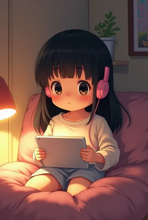  girl, straight black hair, black and slightly slanted eyes, normal skin color, a little chubby, listening to music with pink wired headphones and her white tablet, sitting on her bed