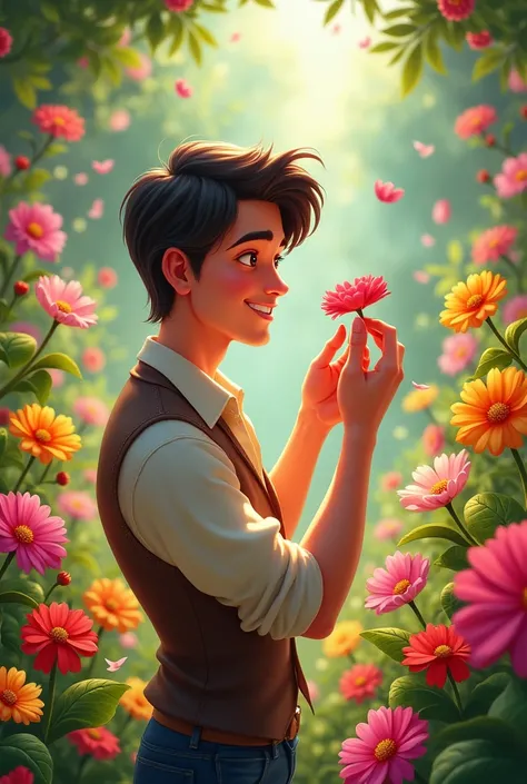 Disney style drawing of a man in a radiant garden, surrounded by vibrantly colored flowers. She is touching a flower with an expression of joy.