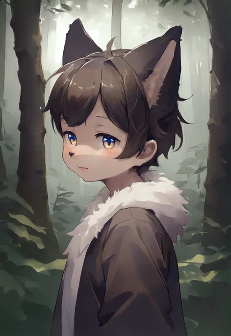 intricate detailed portrait of a cute wolf child, 1boy, in the forest, without clothes, hyperrealistic, photorealistic, cinematic lighting, dramatic, ethereal, dramatic, magical, glowing eyes, detailed facial features, intricate fur textures, natural envir...