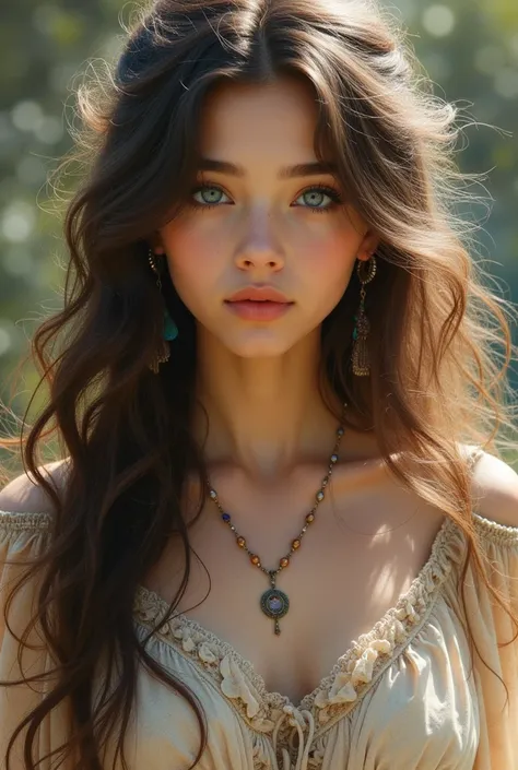 A beautiful girl with long wavy brunette hair and blue eyes , wearing a bohemian dress 