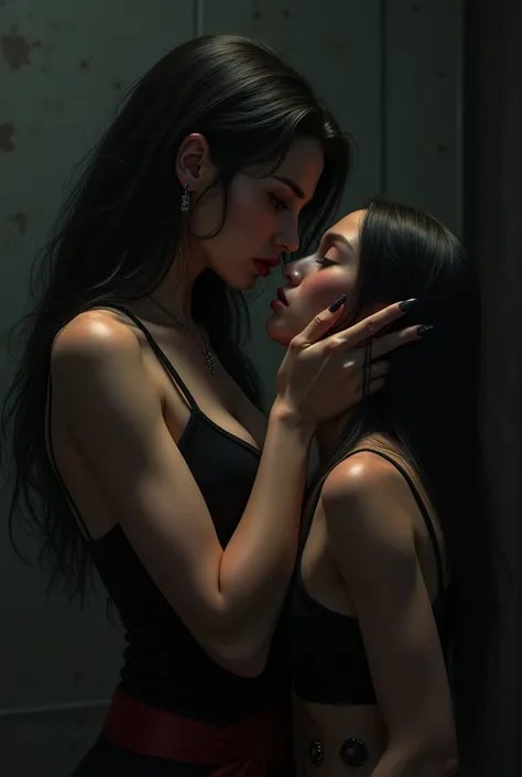 1 girl black hair holding another smaller girl on the neck almost kissing her lips dark mafia 