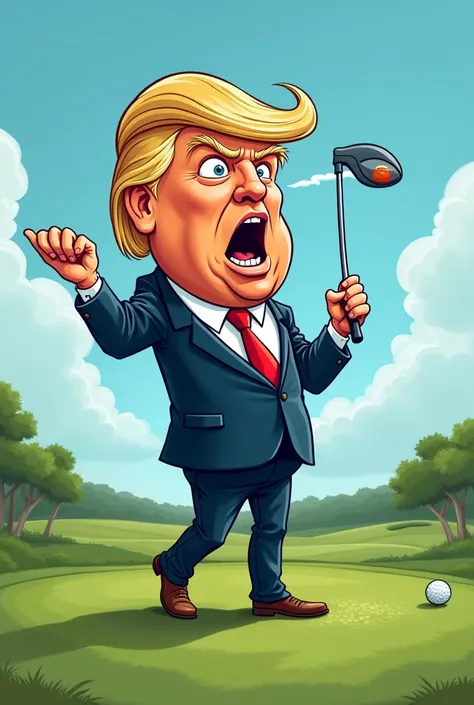 Donald Trump golfing, a bullet hits his ear, with fist in the air, carton style 