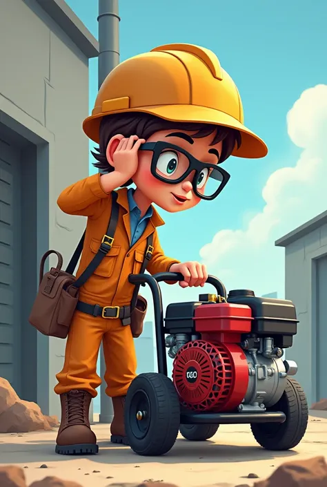 Technician with portable gasoline-powered pump listening to noises with hand to ear,  Cartoon 


