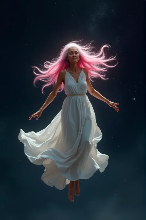 An elderly woman with brown skin and long pink hair and a long white dress flying in space 