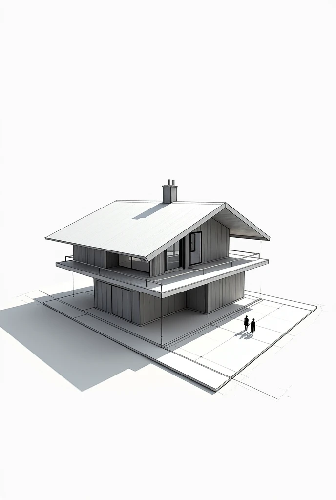 Generate me an image of a modern two-level architectural house with a not very large inclined plane and that is a bit complex with two vanishing points with the guide lines of the vanishing points marking the ground line and the horizon line.. The two-poin...