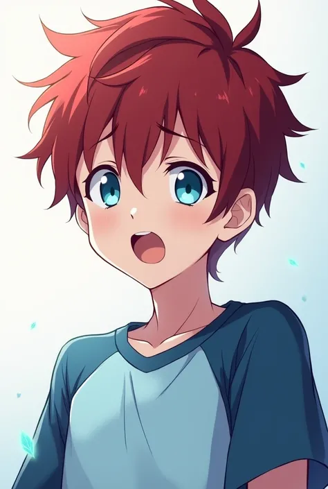 Half body anime boy, dark red hair, sky blue eyes, pale skin, with short sleeved shirt, blue and light blue with a surprised face 