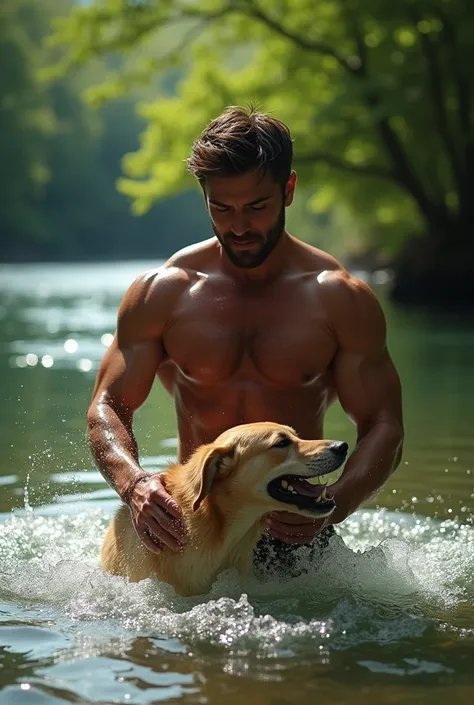 Sexy man playing with a dog in a river 