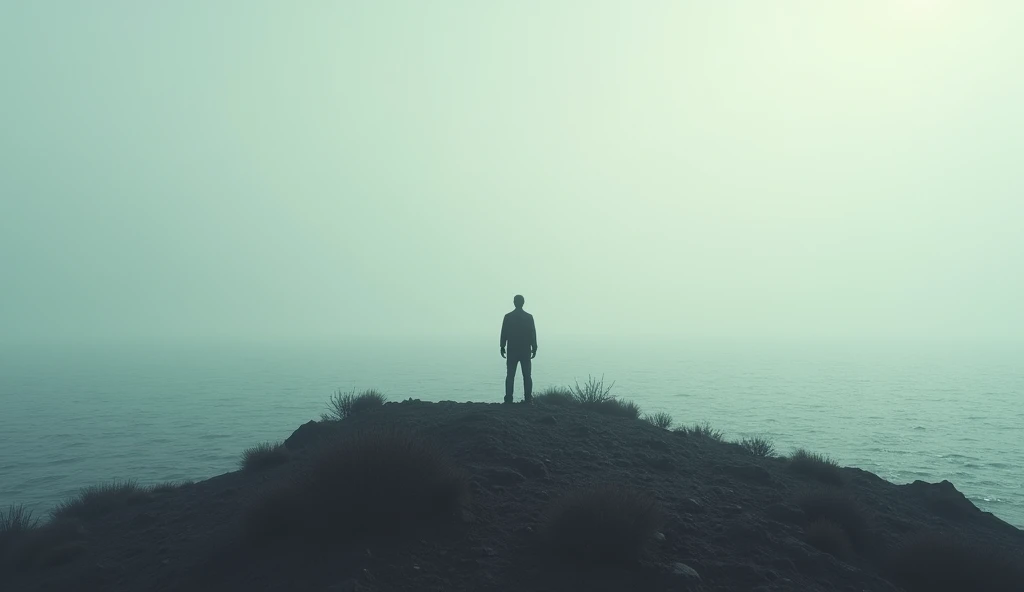 a man with his back alone on an isolated island surrounded by the sea