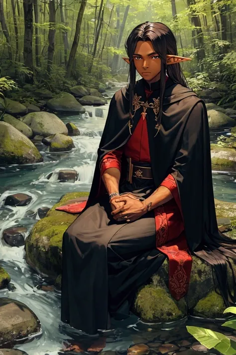  man, male,  has brown skin and blood red colored eyes. Dark skin, dark skin male,  Hair is long, long hair, waist length hair, blonde and silky. Has an athletic build. Has pointy and elf-like ears. Background is forest with green leaves, wearing cloak, we...