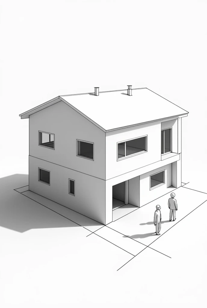 Generate me an image in normal perspective from two vanishing points of a modern two-level house with a not very large inclined plane and that is a little complex from two vanishing points with the guide lines of the vanishing points marking the ground and...