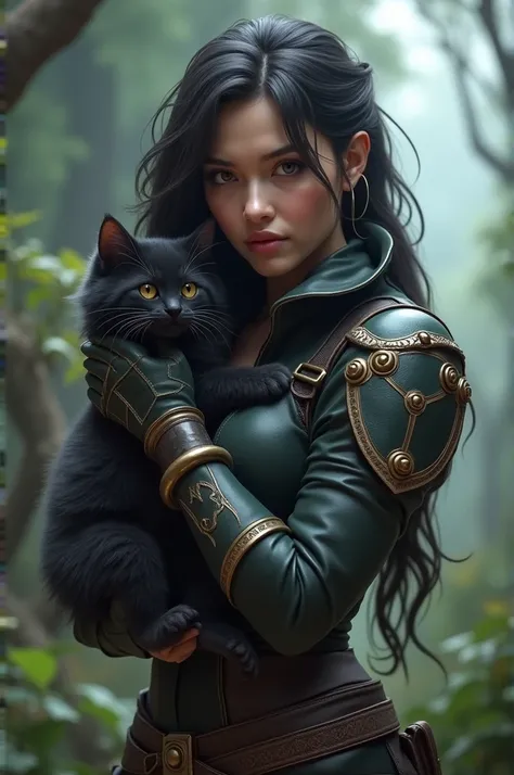 1 female game version character holding a long black haired kitten holding a