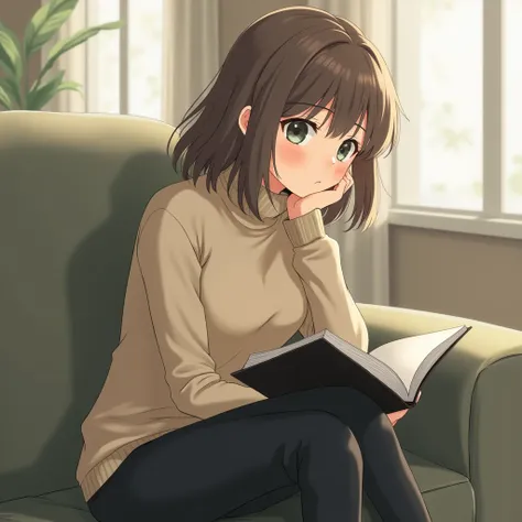 anime woman with shoulder-length brown hair, light green eyes, beige turtleneck, Black pants, loafers, sitting in a sofa, reading a book.