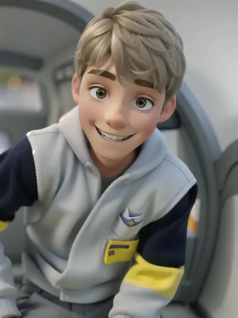 a smiling young blond boy of  wearing a grey jacket