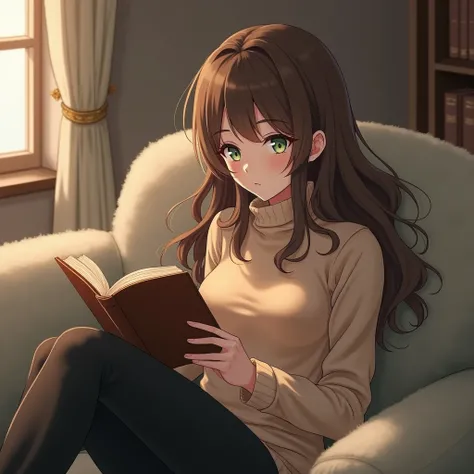 anime woman with brown hair that goes behind the shoulders, light green eyes, beige turtleneck, Black pants, loafers, sitting in a sofa, reading a book.