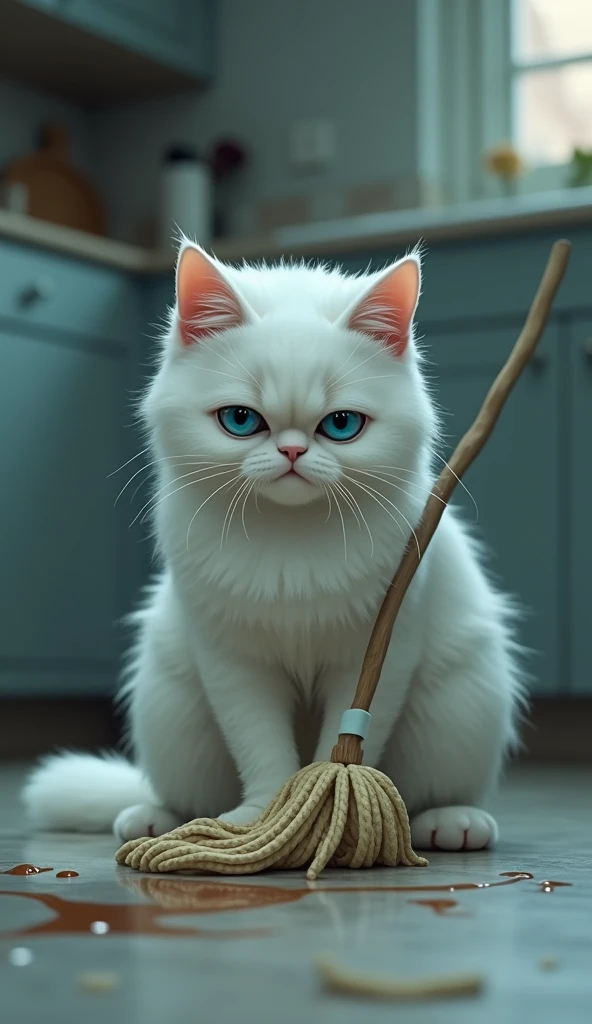 A white cat with expressive, sad blue eyes is on the floor, mopping up a mess. The cat appears dejected or frustrated, perhaps due to an accident. The background shows kitchen counters and a soft lighting that adds to the melancholic mood of the scene. The...