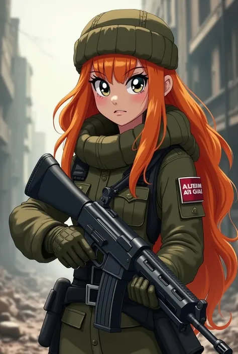 eqg adagio dazzle  with luminos vivid orange hair color as viktor reznov female with ushanka and PPSH 41 drum magazine  submachine gun