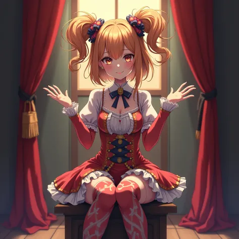 anime Illustration of a female circus performer, sitting alone in the back rooms of a circus, looking at viewer, welcoming expression, wearing whimsical costume.