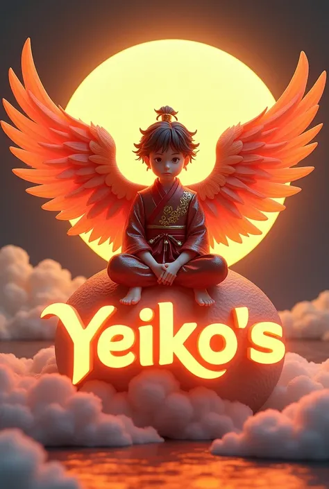 3d ninja boy with phoenix wings sitting on a very bright moon and with yeiko&#39;s text showing to the public