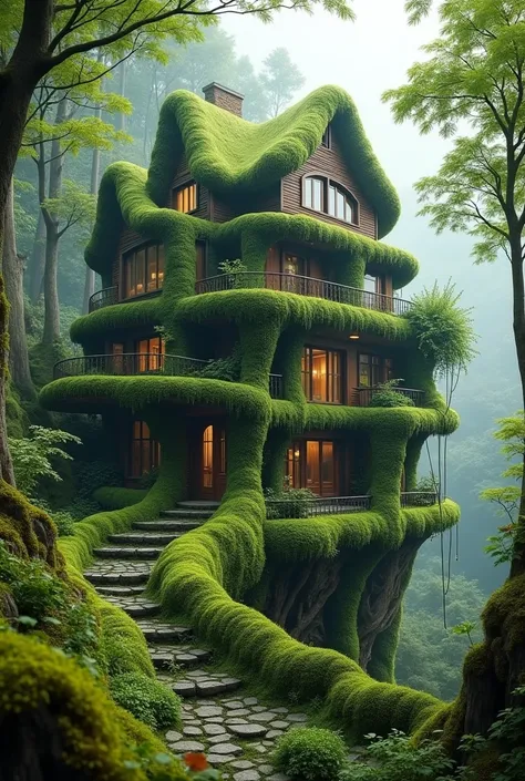 Multi-story moss house, fantastic realistic landscape, detailed images, plain background.