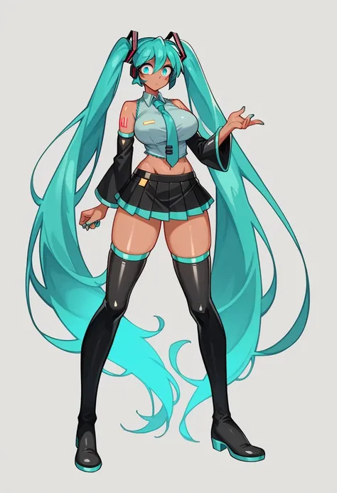 masterpiece, high quality, Fine grain, 
One girl, (Hatsune Miku:1.1), Aqua Hair, Aqua Eye, ( Big Breasts:1.0), Glowing Skin ,Tall, Long legs,Long legs,Dark Skin,Oily skin, Shiny skin, navel, skirt, shirt, tie, Thigh-high boots,, throw