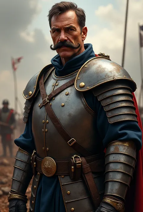  the French commander with a mustache wearing a beaten armor