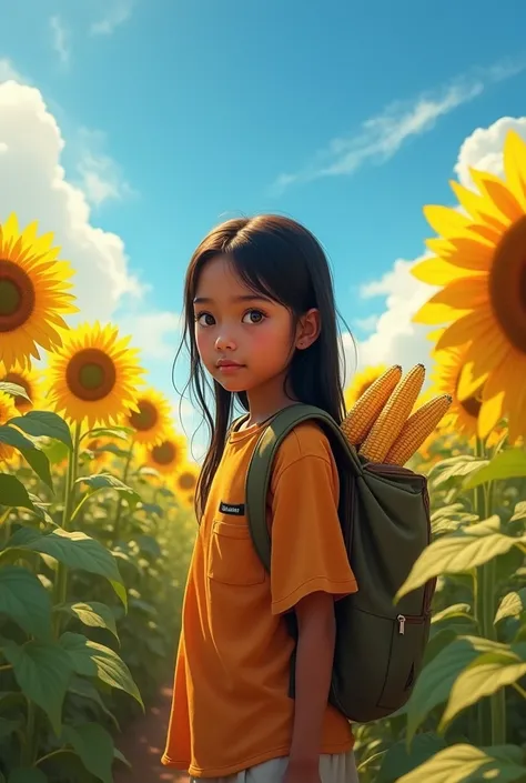 Indigenous girl looking straight ahead holding a backpack with corn in a sunflower field