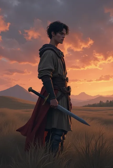 Create a 20 year old medieval warrior, with short black hair. He is thin and wears simple clothes., without armor or adornments. Your sword is common, no fancy details, only functional. your expression is serious, demonstrating determination and focus.

Th...