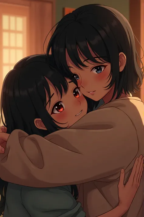 Generate a realistic image of two teenagers, a Japanese teenager with highlights in her hair and a brunette teenager with slightly wavy black hair, based on the excerpt "You who have this hug, home" from the song Trevo da Anavitória