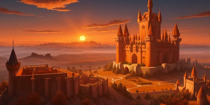 A giant medieval kingdom, massive towering walls, and majestic castles glowing in the warm orange and red hues of a sunset. Far-reaching spires touch the sky, casting long shadows across a golden valley. Intricate stonework, stained glass windows reflectin...