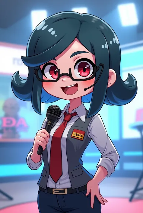 Aori the splatoon, in news reporter outfit, happy, looking at the spectator, HD, anime