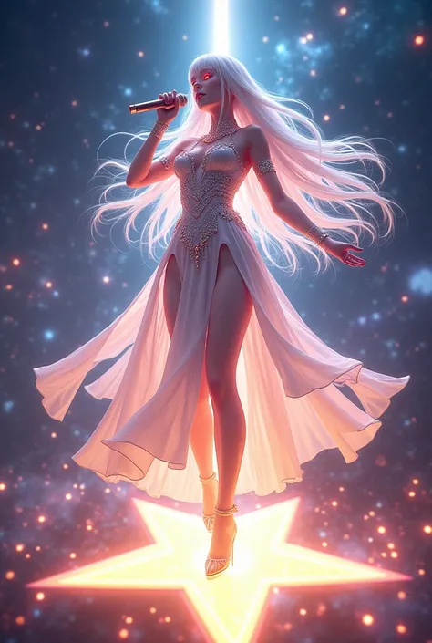 Idol, conquering woman, singing on a star in a galaxy surrounded by stars, very long white hair, red eyes, wearing a dress, microphone in hand.