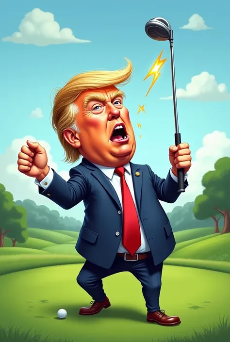 Donald Trump golfing, a bullet hits his ear, with fist in the air, carton style 