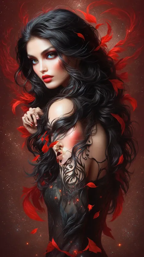 a close up of a woman with long black hair and a red background, charlie bowater rich deep colors, dark fantasy style art, graphic artist magali villeneuve, artgerm and tom bagshaw, style of charlie bowater, gothic fantasy art, charlie bowater art style, c...