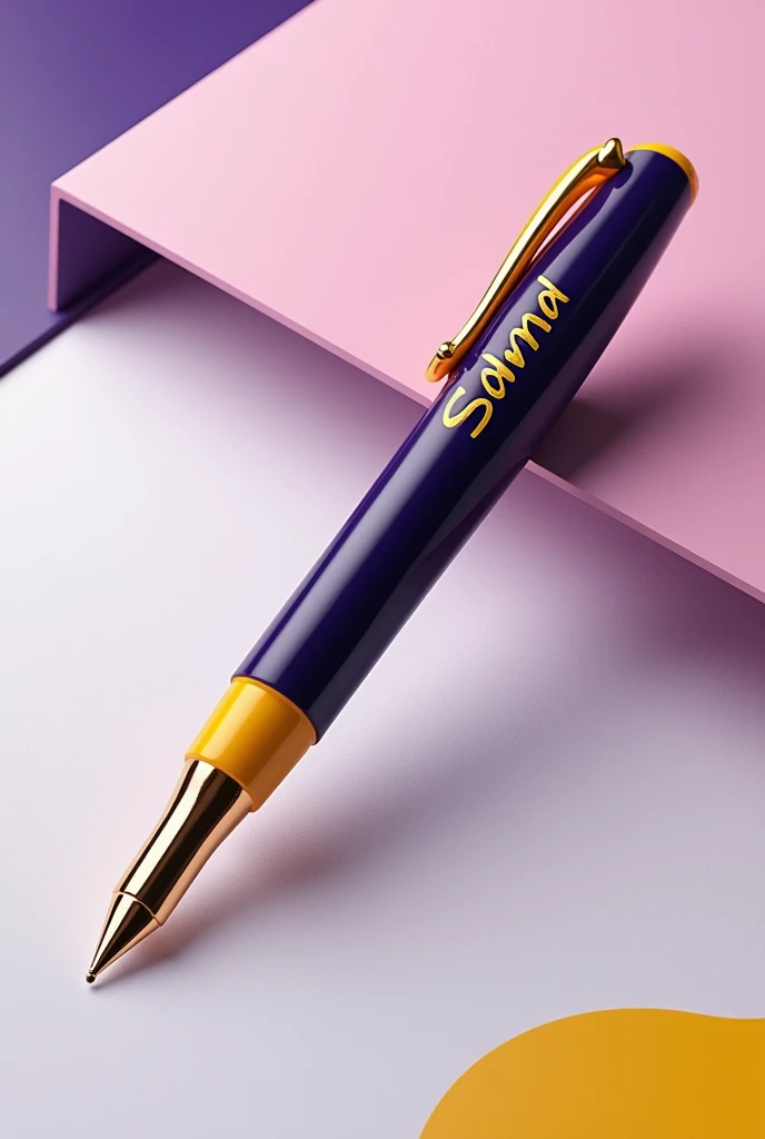 Design a purple, yellow and black pen with SALMA written on it. writing on page 