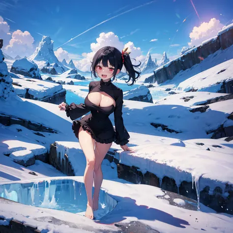 ice field, (solo), (1 skinny girl standing alone), swaying back, BREAK, black hair, long two side up, red eyes, bursting large breasts, bouncing large breasts, very short torso, skinny narrow waist, skinny legs, BREAK, (frilled black mini dress with frille...