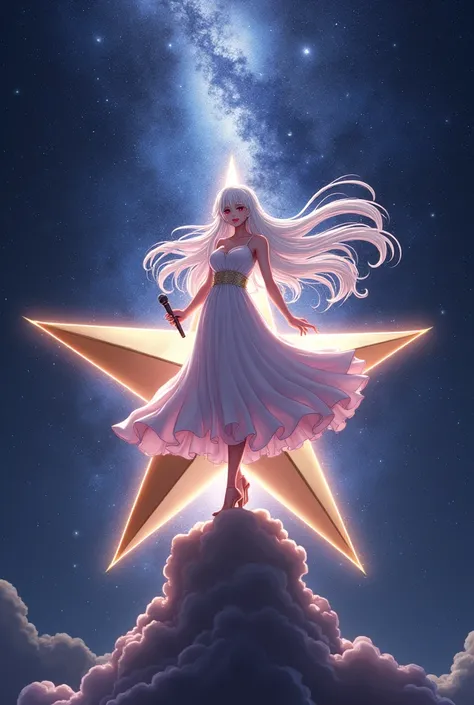 Idol, conquering woman and cute, singing on a star in a galaxy surrounded by stars, very long white hair, red eyes, wearing a dress, microphone in hand, show a lot of background.