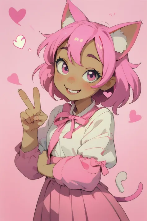 1girl,cat girl,animal ears,tail,looking at viewer,smile,peace sign,pink kawaii room,heart item,ribbon,standing,upper body,