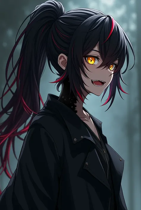 A male anime-style teenager with long black hair tied in a voluminous ponytail with several red streaks and almost golden yellow eyes wearing a long black coat having a transformation where half of his face and a bit of his neck becomes completely black an...